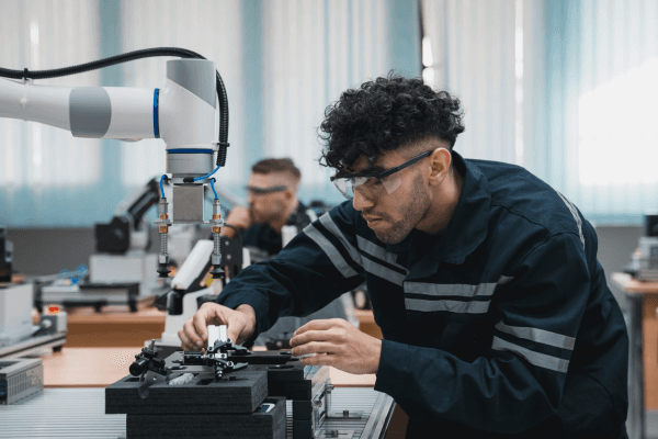 Student engineer in workshop, working on robot arm